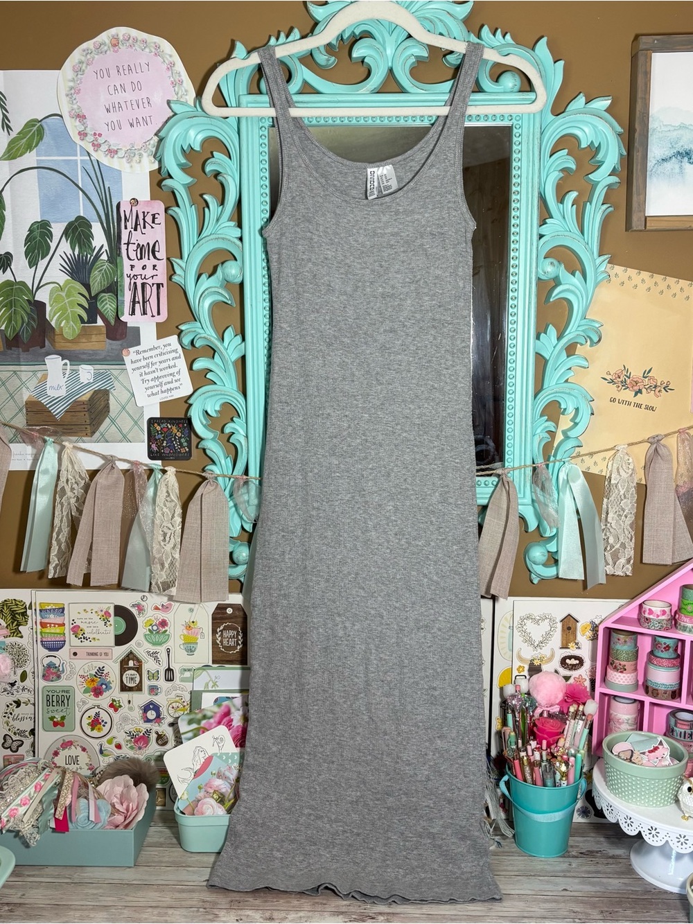 Divided H&M Basic Gray Midi Ribbed Sleeveless Tank Pencil Dress Womens XS Summer